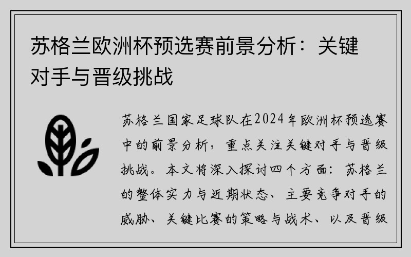 苏格兰欧洲杯预选赛前景分析：关键对手与晋级挑战