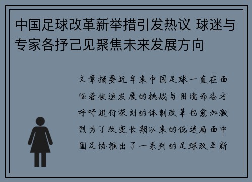 中国足球改革新举措引发热议 球迷与专家各抒己见聚焦未来发展方向